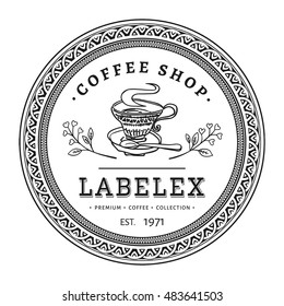 Vintage round coffee shop label with victorian frame. Hand drawn retro circle logo isolated on white background