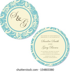 Vintage round, double-sided floral wedding invitation card.