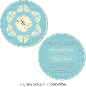 Vintage round, double-sided floral wedding invitation card.