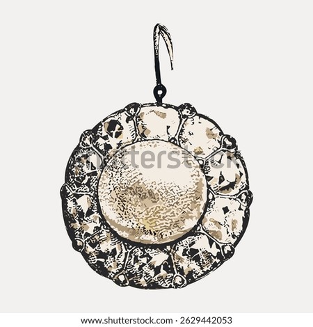 Vintage round earring with a large central gem, surrounded by smaller stones. Elegant and classic jewelry design, perfect for vintage fashion lovers. Vintage art illustration vector.