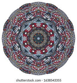 Vintage round ethnic mandala, vector illustration on white background. Can be used for coloring book, greeting card, phone case print. Winter decoration ornamental