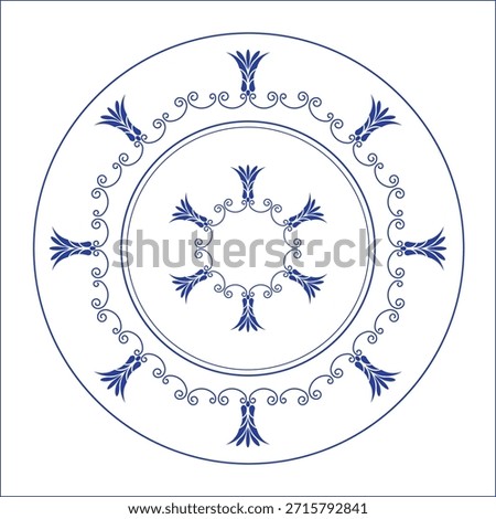 Vintage Round frame arabesque in Victorian style. Ancient Greece, Roman Empire porcelain plate with blue pattern on white background. Plate with large floral element in center. For ceramic, textile