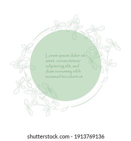 Vintage Round Frame and Circle Substrate with Hand Drawn Thyme Leaves. Contour Drawing and Frame parts finished with brushes. Vector Illustration for Culinary and other Products, Posters, Designs.