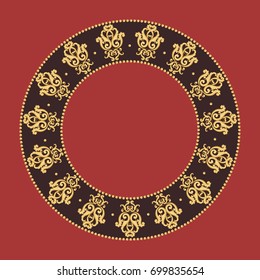 Vintage round frame. Design element in vintage rich royal style. Vector illustration. Can use as background for birthday card, wedding invitations, plates, napkin...