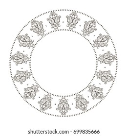 Vintage round frame. Design element in vintage rich royal style. Vector illustration. Can use as background for birthday card, wedding invitations, plates, napkin...