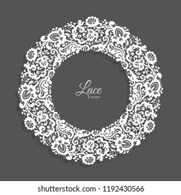 Vintage round frame with lace border ornament, lacy circle decoration for wedding invitation design with floral tulle pattern, vector illustration