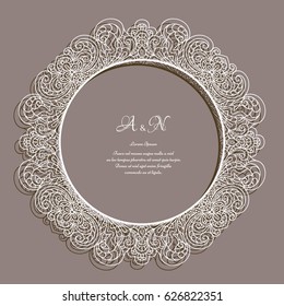 Vintage round frame with lace border pattern, cutout paper ornament on neutral background, vector circle decoration for wedding invitation design, suitable for laser cutting or wood carving