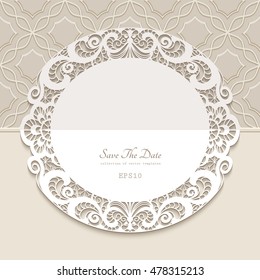 Vintage round frame, paper lace doily, elegant save the date card or wedding invitation template with laser cut border, eps10 vector illustration
