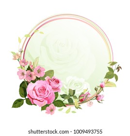 Vintage round frame with pink roses, spring blossom, branches with mauve, pink apple tree flowers, buds, green leaves on white background. Digital draw, illustration in watercolor style, vector