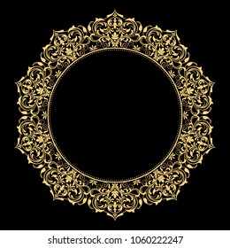 Vintage round frame in retro style, barroco. Flower decorative gold ornament, element for greeting cards, invitation, menu. Stylish vector graphics.