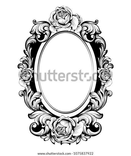 ビンテージの丸い枠とバラの花のデコールベクター画像 アンティークな装飾が施された鏡のアクセサリー 複雑な装飾 のベクター画像素材 ロイヤリティフリー