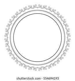 Vintage round frame template with hand drawn elements and place for text. Monochrome vector illustration in black and white colors. Good for design of card, invitation, label, badge, emblem, monogram.