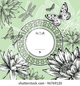 Vintage round frame and water lilies  butterflies   dragonflies  hand  drawing  Vector 