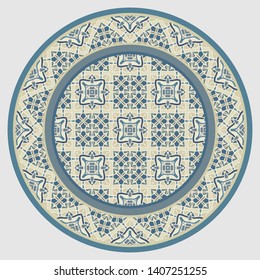 Vintage round geometric ornament for  porcelain plate, round frame.