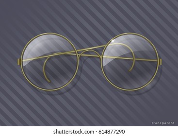 Vintage round glasses with clear glass in brass rim. Vector graphics with transparency effect