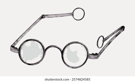 Vintage round glasses with metal frames. Round lenses, metal frames, and unique design. Classic eyewear with round shape and metal construction. Vintage illustration isolated on white, vector.