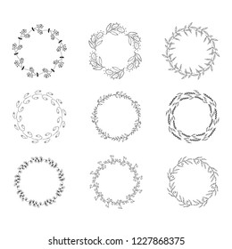 Vintage round hand drawn floral frames set. Vector isolated design elements. Vine wreaths.