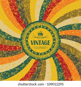 Vintage round label on the abstract background with colored rays