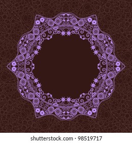 Vintage Round Lace Frame. Violet Ornament Element on Dark Brown Background. Vector Card