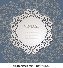 Vintage round lace ornamental frame on  blue ornate seamless background. Cutout paper decoration with shadow. Laser cutting design. Invitation or greeting card template. Vector illustration