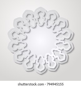 Vintage round lace ornamental frame. Paper cut mandala. Round ornamental 3d cutout decoration with shadow. Simple circular pattern border. Laser cut element design template. Vector illustration