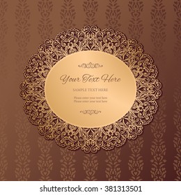 Vintage round lacy golden frame with cutout borders on a seamless ornamental background. Template for your design. Vector illustration
