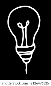 vintage round light bulb. electric lamp icon with a base with oblique lines white outline on black handmade in the style of a doodle for a design template vector isolated element