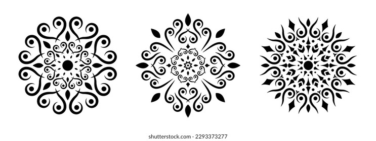 Vintage round ornament design set. Circle abstract pattern with floral elements. Mandala. Circular decorative element in classic, retro style. Wedding, arabesque, oriental decor. Vector illustration.