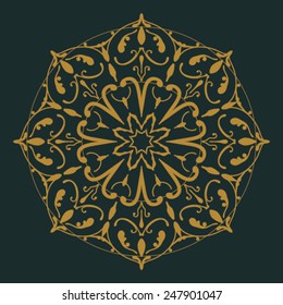  Vintage round ornament with floral pattern on a dark background.