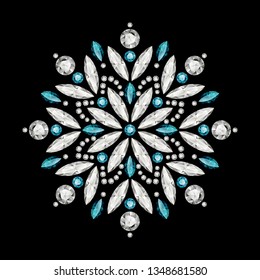 Vintage round pattern, jewelry decoration with diamonds and emerald gemstones on black background, jewellery vector snowflake or mandala ornament