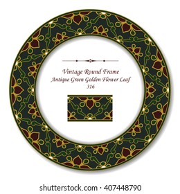 Vintage Round Retro Frame of Antique Green Golden Flower Leaf
