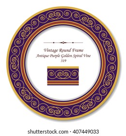 Vintage Round Retro Frame of Antique Purple Golden Spiral Vine