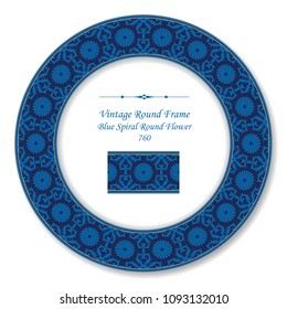 Vintage Round Retro Frame blue spiral round cross flower kaleidoscope, antique style template ideal for invitation or greeting card design.
