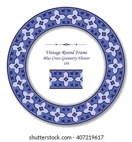 Vintage Round Retro Frame of Blue Cross Geometry Flower