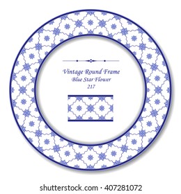 Vintage Round Retro Frame of Blue Star Flower