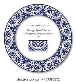 Vintage Round Retro Frame of Blue Spiral Leaf Cross Flower