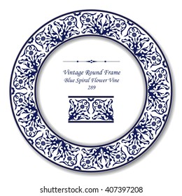 Vintage Round Retro Frame of Blue Spiral Flower Vine