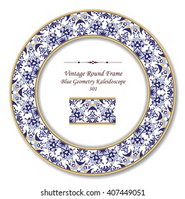Vintage Round Retro Frame of Blue Geometry Kaleidoscope
