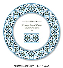 Vintage Round Retro Frame of  Cross Blue Flower