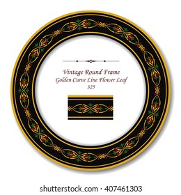 Vintage Round Retro Frame of Golden Curve Line Flower Leaf