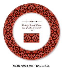 Vintage Round Retro Frame red round cross flower kaleidoscope, antique style template ideal for invitation or greeting card design.