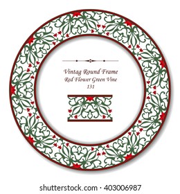 Vintage Round Retro Frame - Red Flower Green Vine