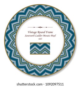 Vintage Round Retro Frame sawtooth ladder mosaic pixel geometry wave, antique style template ideal for invitation or greeting card design.