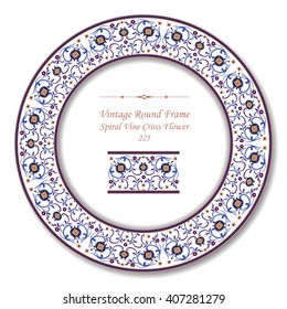 Vintage Round Retro Frame of Spiral Vine Cross Flower