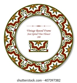 Vintage Round Retro Frame of Star Spiral Vine Flower
