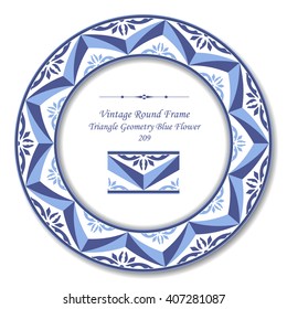 Vintage Round Retro Frame of Triangle Geometry Blue Flower