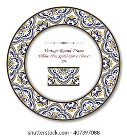 Vintage Round Retro Frame of Yellow Blue Spiral Curve Flower