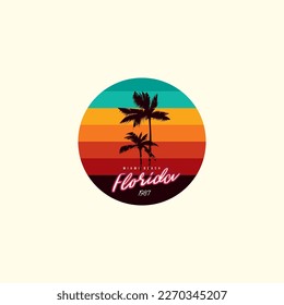 Vintage round sunset in the style of the 80s. Vector background. A design element.