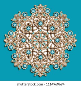 Vintage round swirly pattern, jewelry gold decoration with diamonds and preciouse gems on turquoise background, jewellery vector snowflake or mandala ornament, eps10