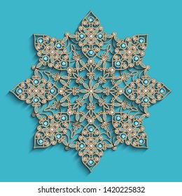 Vintage round swirly pattern, jewelry gold decoration with diamonds and preciouse gemstones on turquoise background, jewellery vector snowflake or mandala ornament